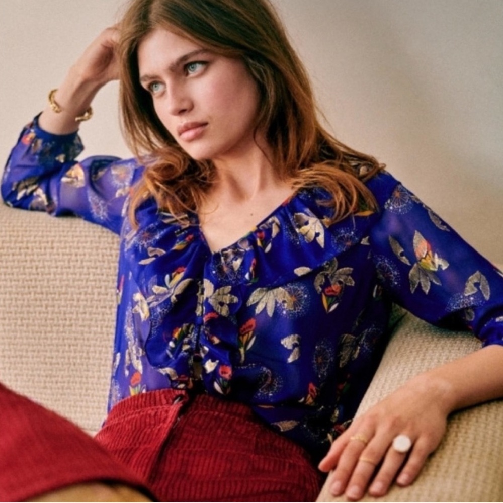 Sézane Blouse Priscille in Fleur Bleu Electrique Lurex, FR Size 36 (US 4)